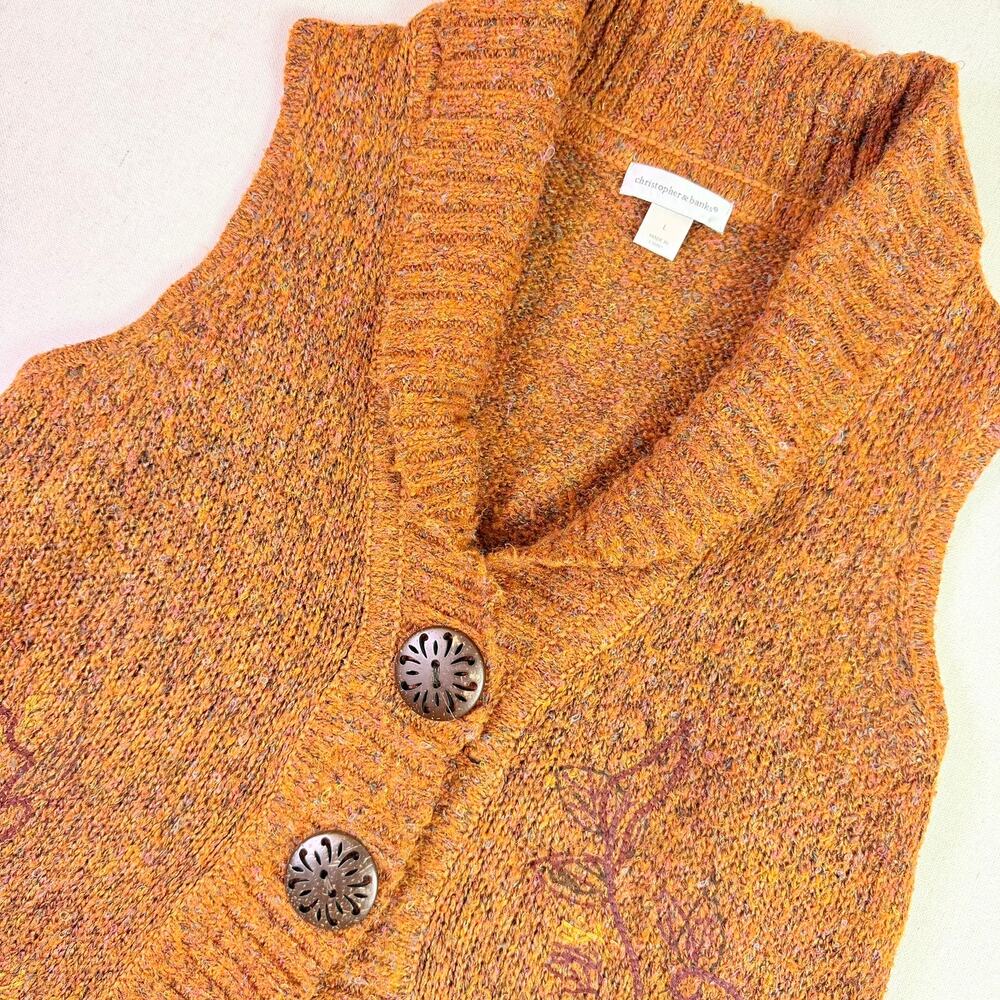 Orange Flecked Knit Floral Embroidered Big Button Sweater Vest Women's L Boho